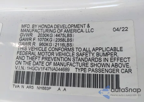 2022 Honda Accord Sport Se z USA, uszkodzony, nr VIN 1HGCV1F47NA044689